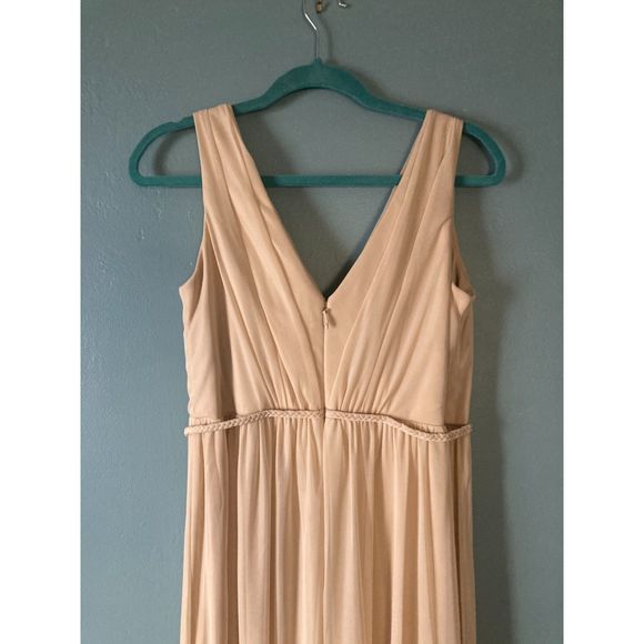 Azazie v-neck beige sleeveless gown with 24" left leg slit size A12 - Picture 5 of 5